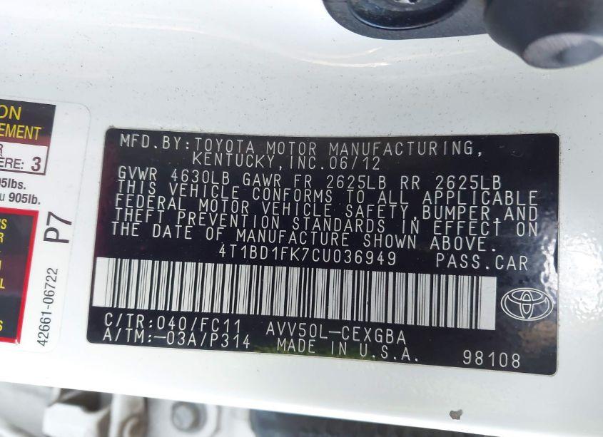 Photo 9 of 2012 Toyota Camry HYBRID XLE (VIN 4T1BD1FK7CU036949)