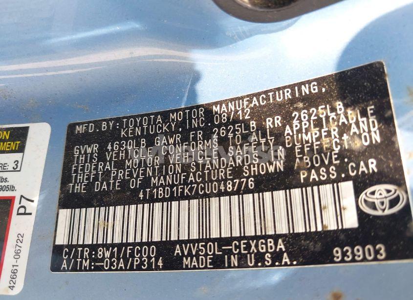 Photo 9 of 2012 Toyota Camry HYBRID XLE (VIN 4T1BD1FK7CU048776)