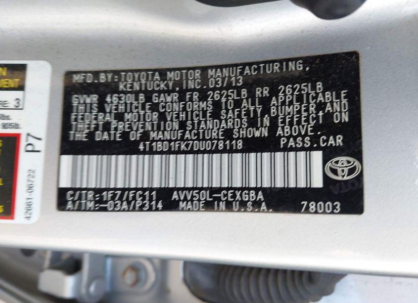 Photo 9 of 2013 Toyota Camry HYBRID XLE (VIN 4T1BD1FK7DU078118)