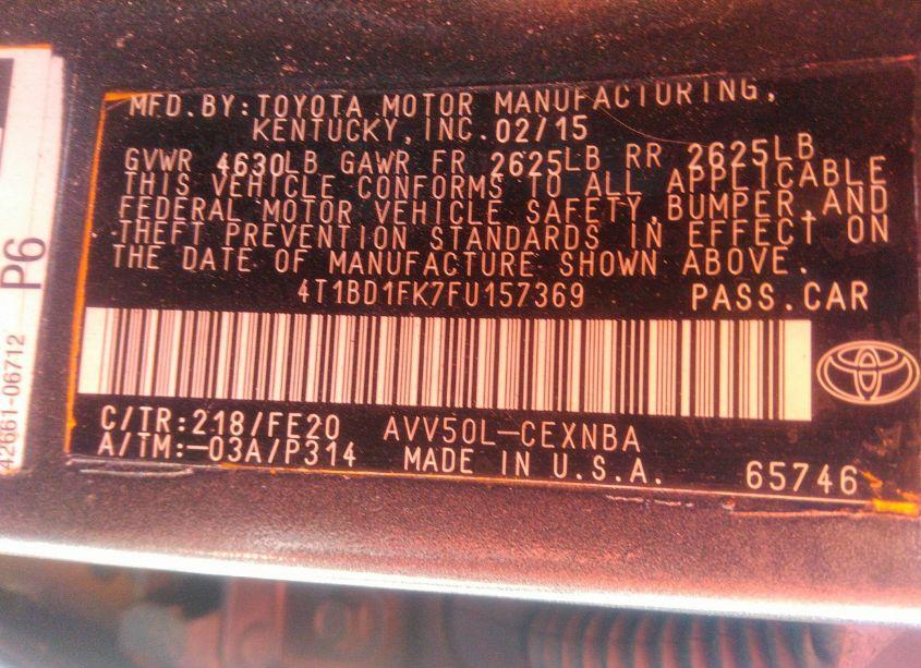 Photo 9 of 2015 Toyota Camry HYBRID LE (VIN 4T1BD1FK7FU157369)