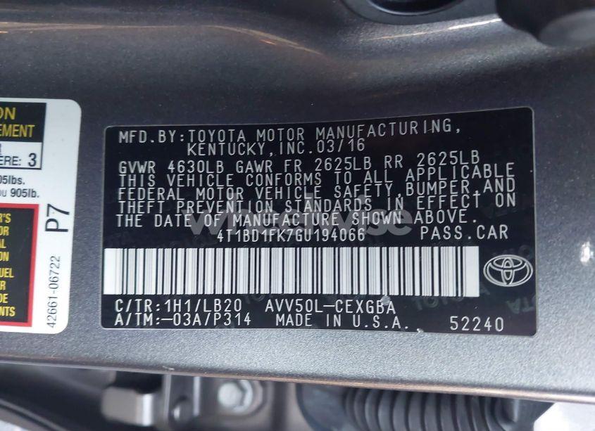 Photo 9 of 2016 Toyota Camry HYBRID XLE (VIN 4T1BD1FK7GU194066)