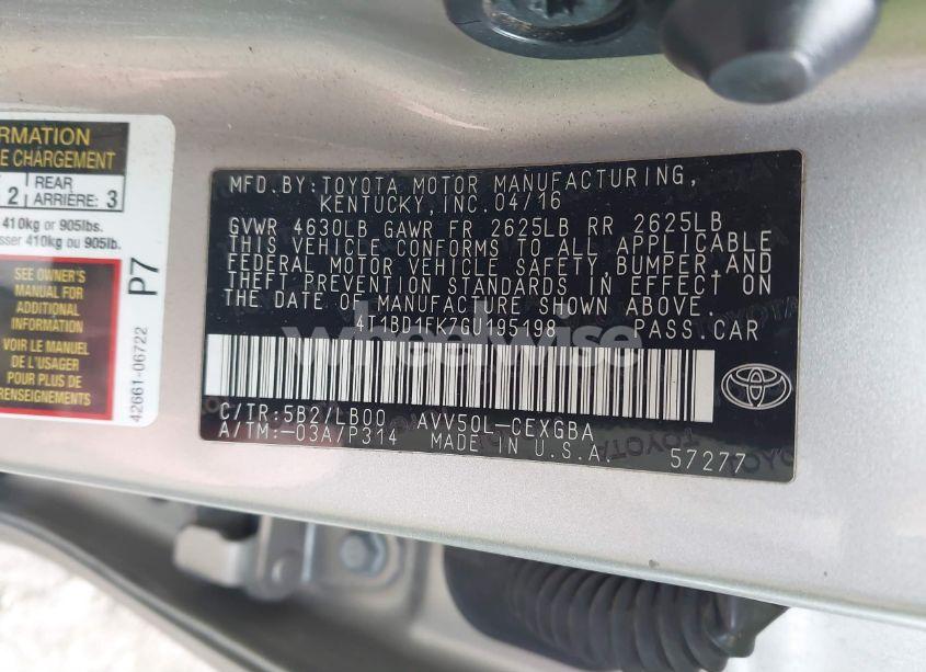 Photo 9 of 2016 Toyota Camry HYBRID XLE (VIN 4T1BD1FK7GU195198)