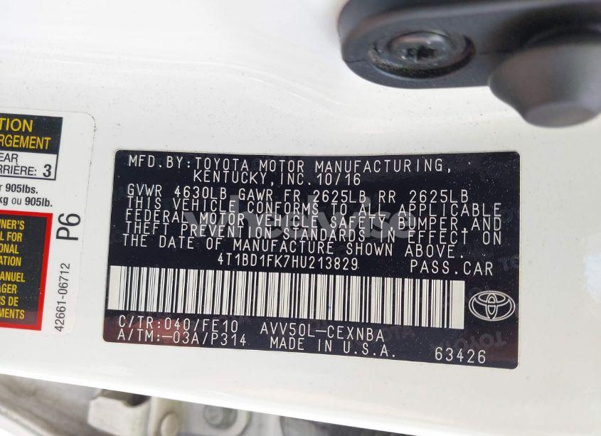 Photo 9 of 2017 Toyota Camry HYBRID LE (VIN 4T1BD1FK7HU213829)