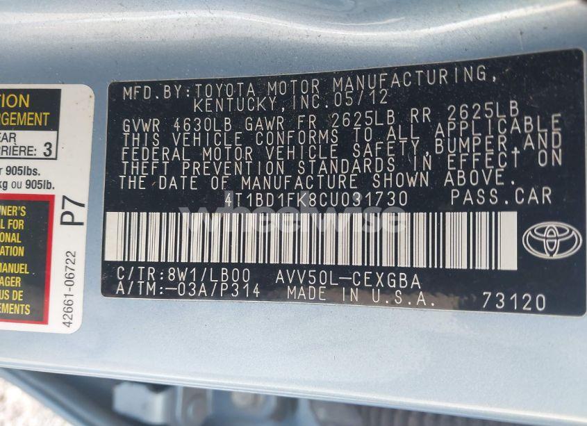 Photo 9 of 2012 Toyota Camry HYBRID XLE (VIN 4T1BD1FK8CU031730)