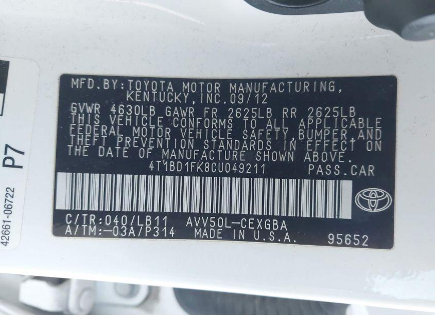 Photo 9 of 2012 Toyota Camry HYBRID XLE (VIN 4T1BD1FK8CU049211)