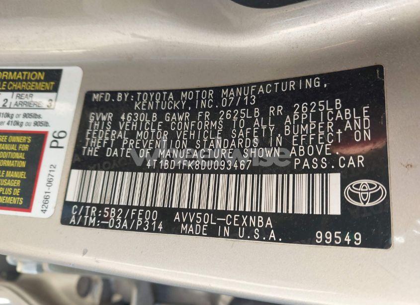 Photo 9 of 2013 Toyota Camry HYBRID LE (VIN 4T1BD1FK8DU093467)