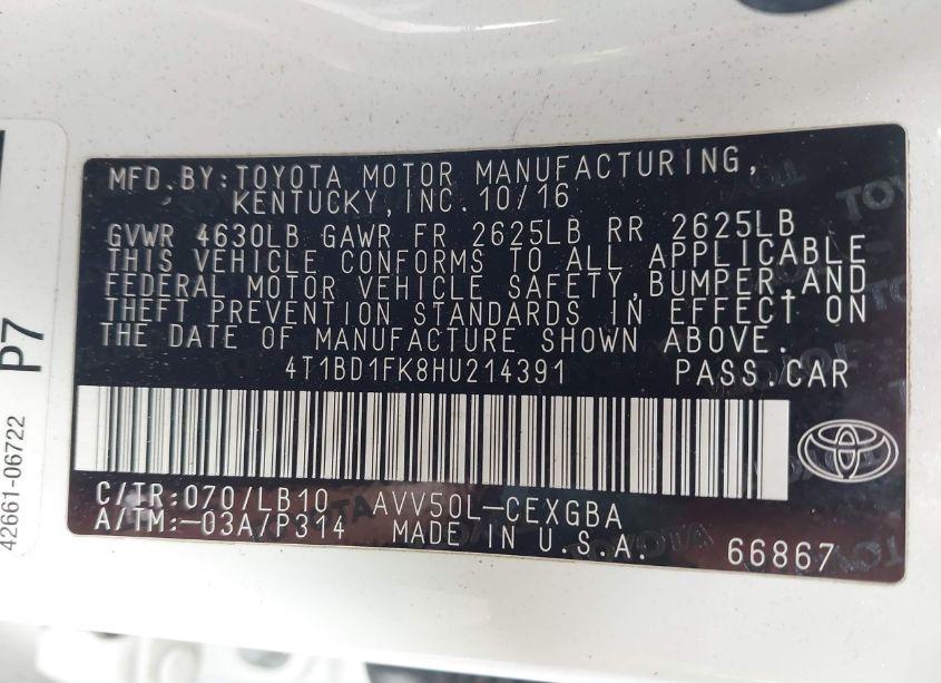 Photo 9 of 2017 Toyota Camry HYBRID XLE (VIN 4T1BD1FK8HU214391)