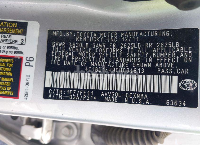 Photo 9 of 2012 Toyota Camry HYBRID LE (VIN 4T1BD1FK9CU004813)