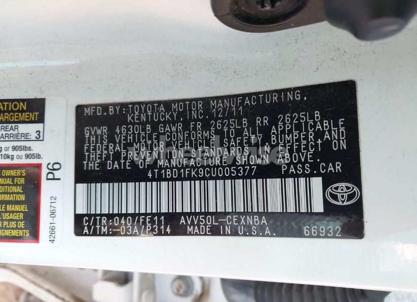 Photo 9 of 2012 Toyota Camry HYBRID LE (VIN 4T1BD1FK9CU005377)