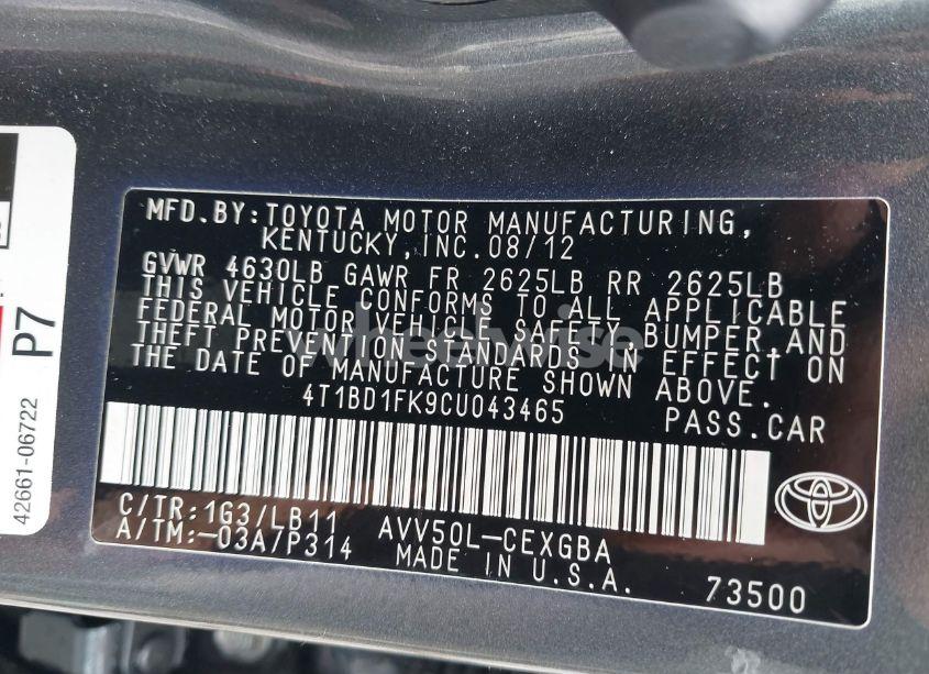 Photo 9 of 2012 Toyota Camry HYBRID XLE (VIN 4T1BD1FK9CU043465)