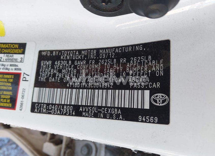 Photo 9 of 2012 Toyota Camry HYBRID XLE (VIN 4T1BD1FK9CU048942)
