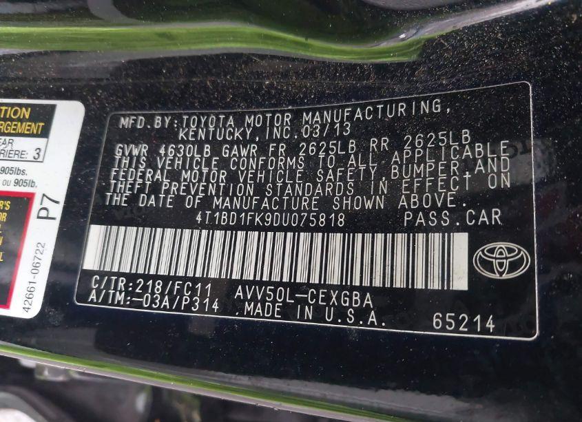 Photo 9 of 2013 Toyota Camry HYBRID XLE (VIN 4T1BD1FK9DU075818)