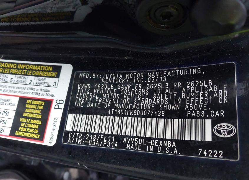 Photo 9 of 2013 Toyota Camry HYBRID LE (VIN 4T1BD1FK9DU077438)