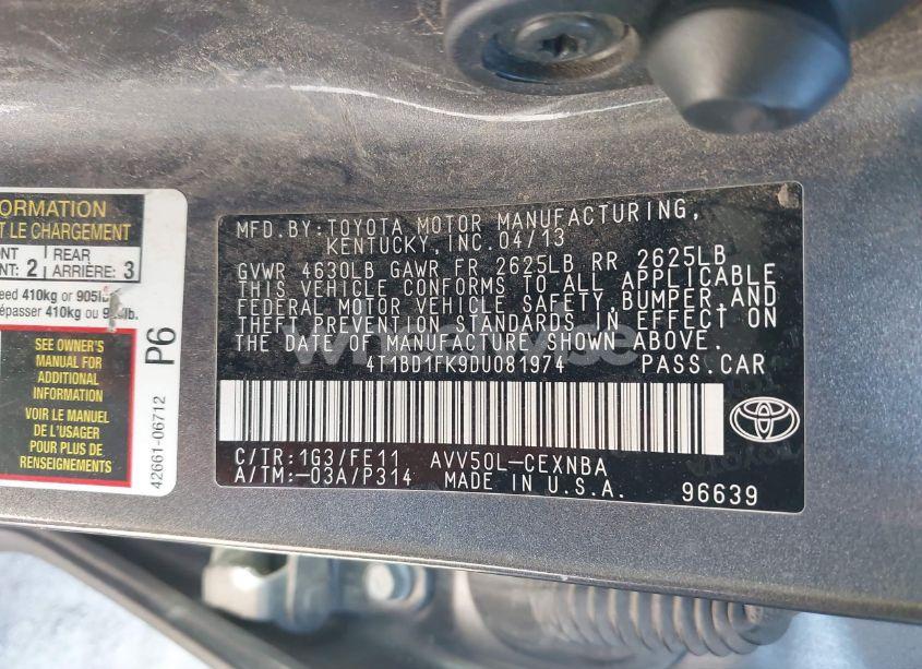 Photo 9 of 2013 Toyota Camry HYBRID LE (VIN 4T1BD1FK9DU081974)