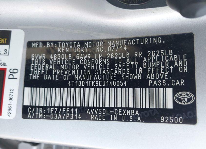 Photo 9 of 2014 Toyota Camry HYBRID LE (VIN 4T1BD1FK9EU140054)