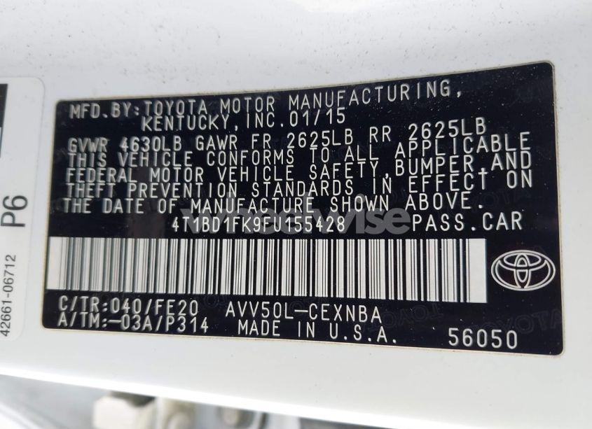 Photo 9 of 2015 Toyota Camry HYBRID LE (VIN 4T1BD1FK9FU155428)