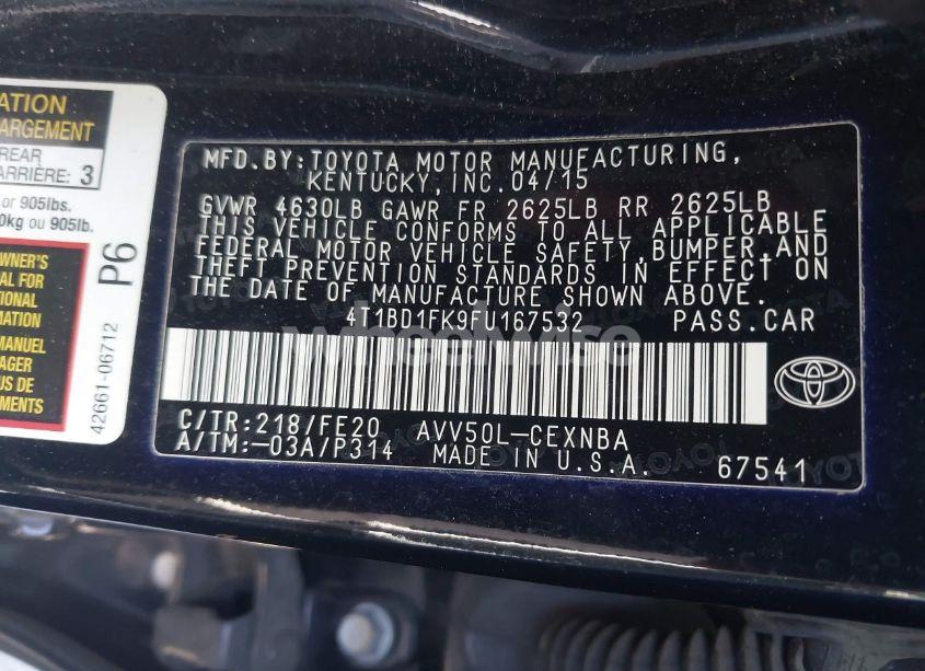 Photo 9 of 2015 Toyota Camry HYBRID LE (VIN 4T1BD1FK9FU167532)
