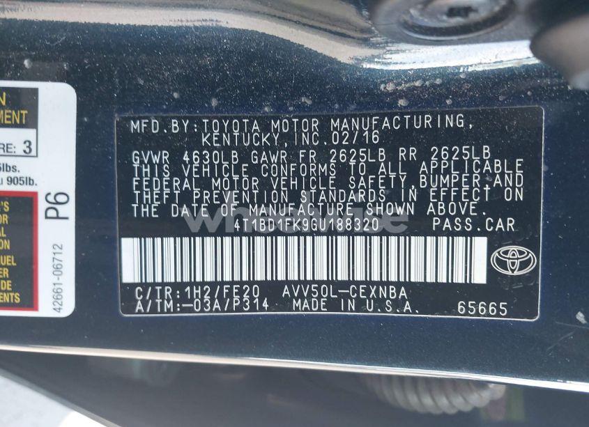 Photo 9 of 2016 Toyota Camry HYBRID LE (VIN 4T1BD1FK9GU188320)