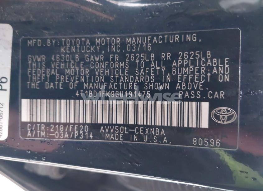 Photo 9 of 2016 Toyota Camry HYBRID LE (VIN 4T1BD1FK9GU191475)