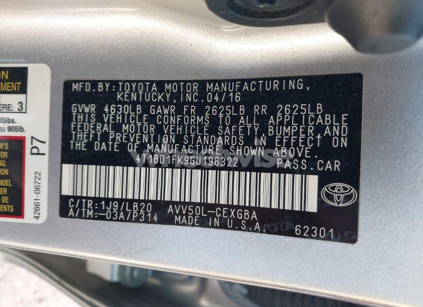 Photo 9 of 2016 Toyota Camry HYBRID XLE (VIN 4T1BD1FK9GU196322)