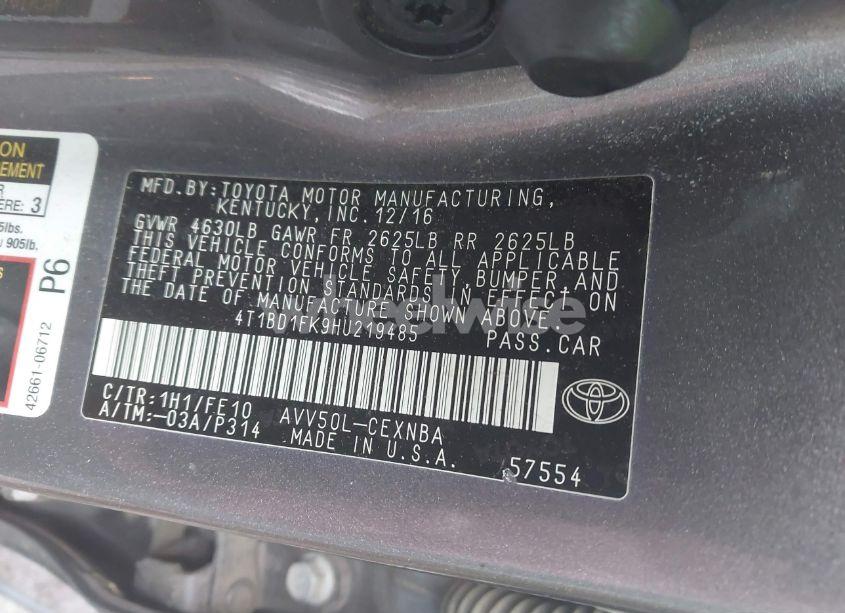 Photo 9 of 2017 Toyota Camry HYBRID LE (VIN 4T1BD1FK9HU219485)