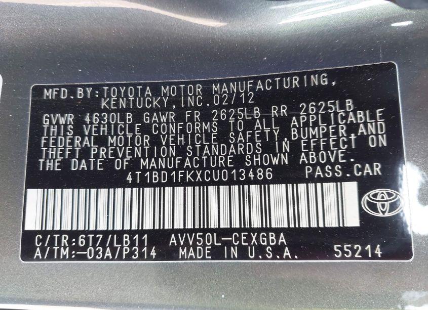 Photo 9 of 2012 Toyota Camry HYBRID XLE (VIN 4T1BD1FKXCU013486)