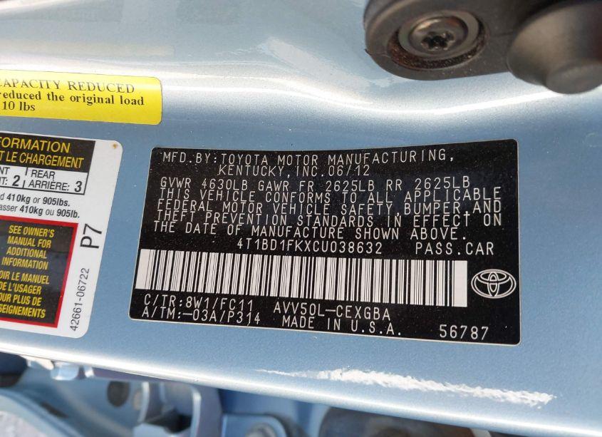 Photo 9 of 2012 Toyota Camry HYBRID XLE (VIN 4T1BD1FKXCU038632)