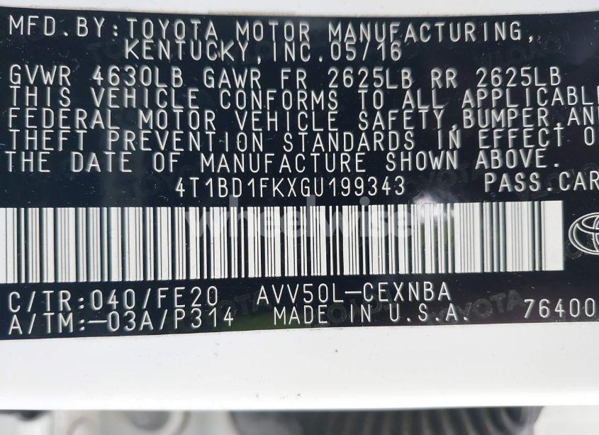 Photo 9 of 2016 Toyota Camry HYBRID LE (VIN 4T1BD1FKXGU199343)
