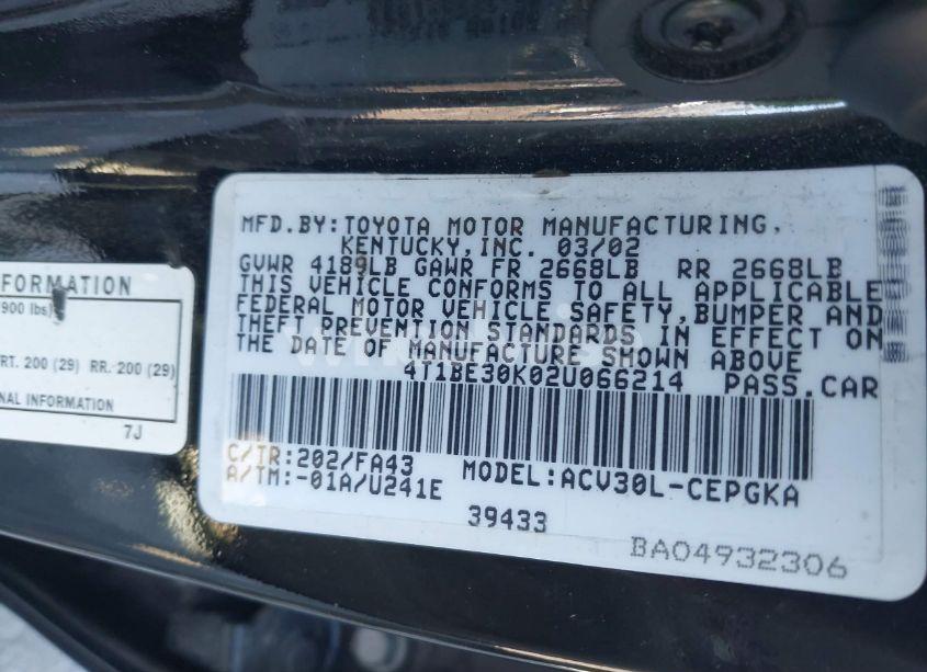 Photo 9 of 2002 Toyota Camry XLE (VIN 4T1BE30K02U066214)