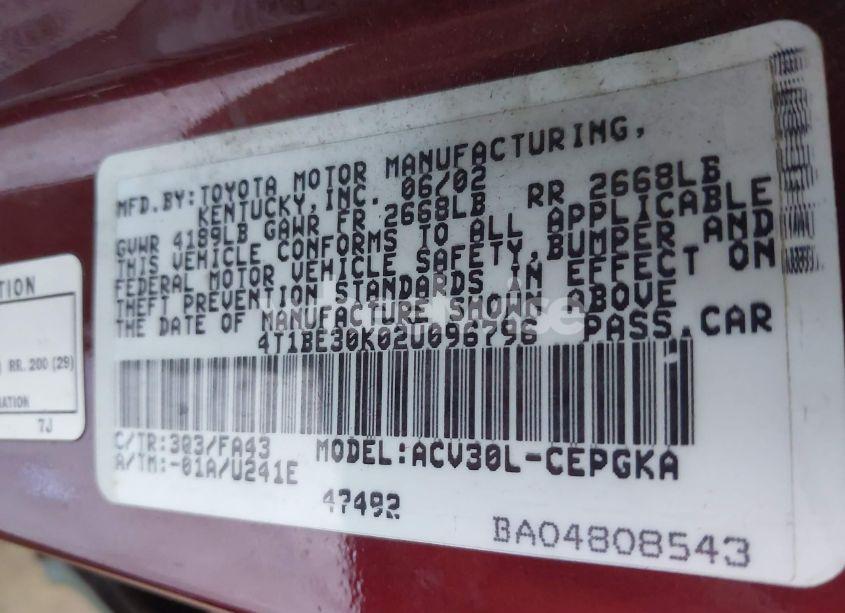 Photo 9 of 2002 Toyota Camry XLE (VIN 4T1BE30K02U096796)