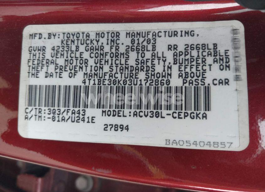 Photo 9 of 2003 Toyota Camry XLE (VIN 4T1BE30K03U172860)