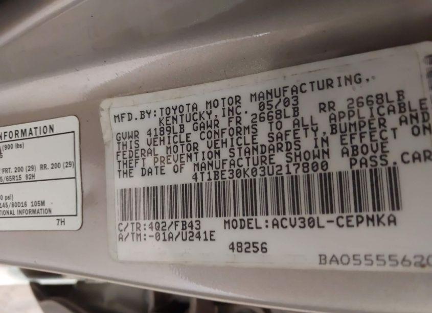 Photo 9 of 2003 Toyota Camry LE (VIN 4T1BE30K03U217800)