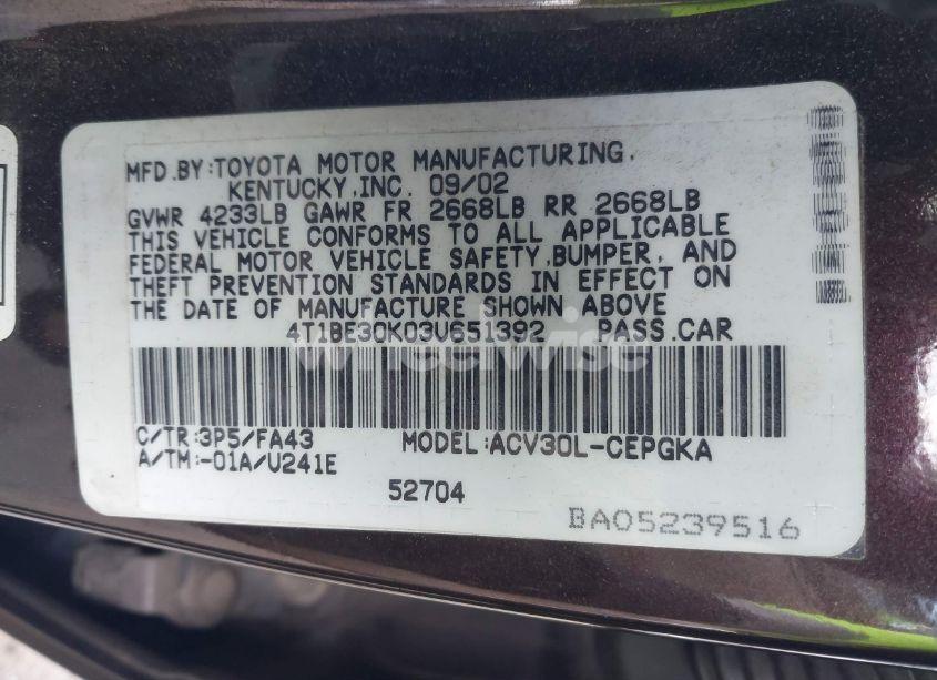 Photo 9 of 2003 Toyota Camry XLE (VIN 4T1BE30K03U651392)