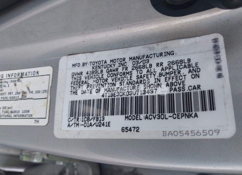 Photo 9 of 2003 Toyota Camry LE (VIN 4T1BE30K03U713437)