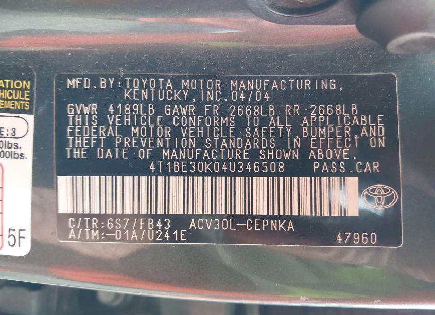 Photo 9 of 2004 Toyota Camry LE (VIN 4T1BE30K04U346508)