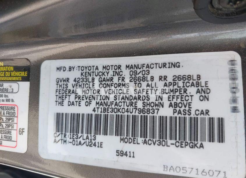 Photo 9 of 2004 Toyota Camry LE/SE/XLE (VIN 4T1BE30K04U796837)