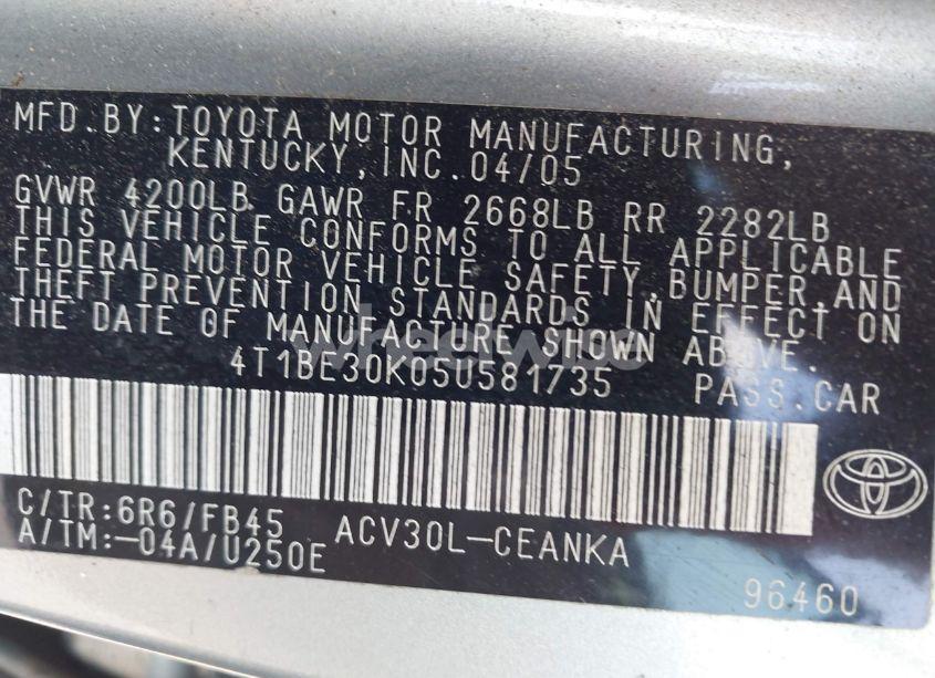 Photo 9 of 2005 Toyota Camry LE/SE/XLE (VIN 4T1BE30K05U581735)