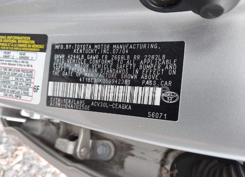 Photo 9 of 2005 Toyota Camry XLE (VIN 4T1BE30K05U942381)