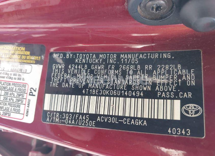 Photo 9 of 2006 Toyota Camry XLE (VIN 4T1BE30K06U140494)