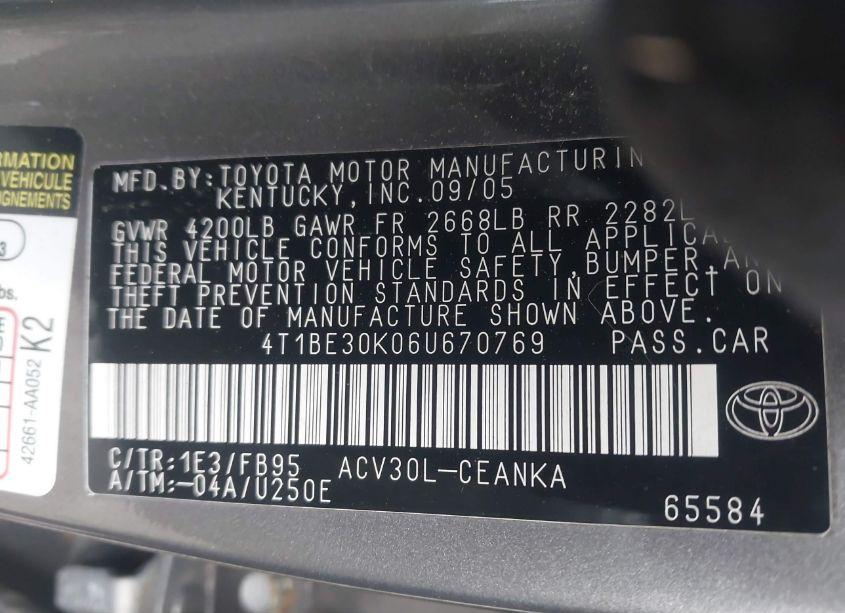 Photo 9 of 2006 Toyota Camry LE (VIN 4T1BE30K06U670769)