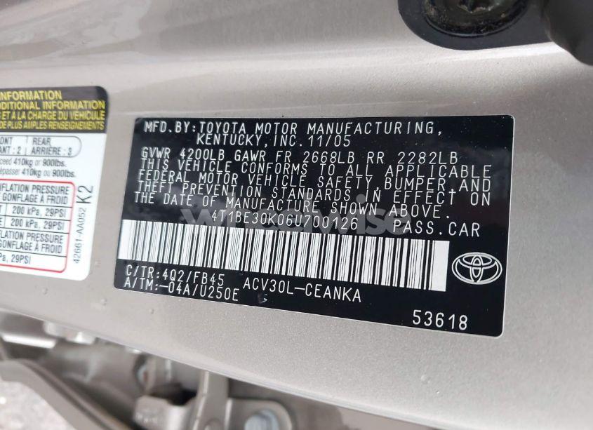 Photo 9 of 2006 Toyota Camry LE (VIN 4T1BE30K06U700126)