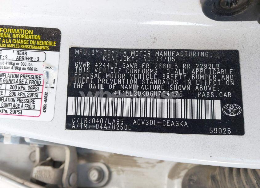 Photo 9 of 2006 Toyota Camry XLE (VIN 4T1BE30K06U704175)