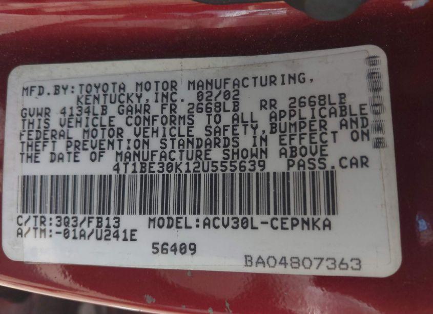 Photo 9 of 2002 Toyota Camry LE (VIN 4T1BE30K12U555639)