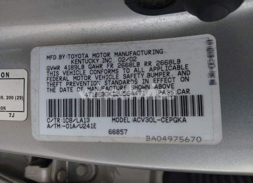 Photo 9 of 2002 Toyota Camry XLE (VIN 4T1BE30K12U564471)