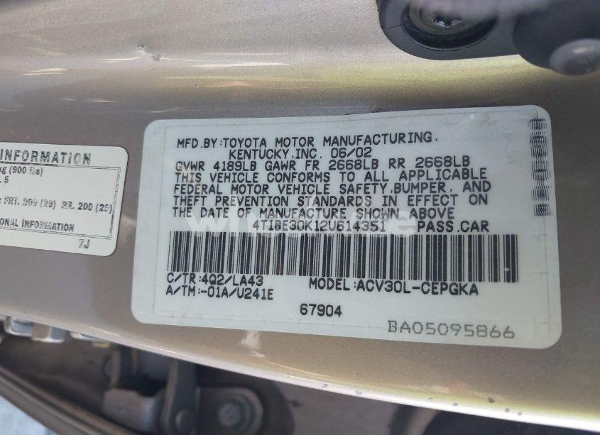 Photo 9 of 2002 Toyota Camry XLE (VIN 4T1BE30K12U614351)