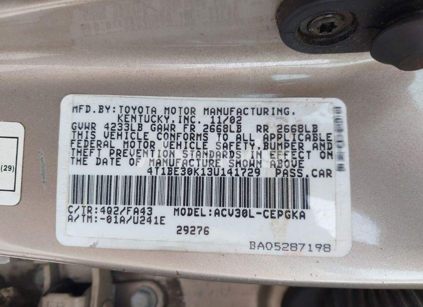 Photo 9 of 2003 Toyota Camry XLE (VIN 4T1BE30K13U141729)