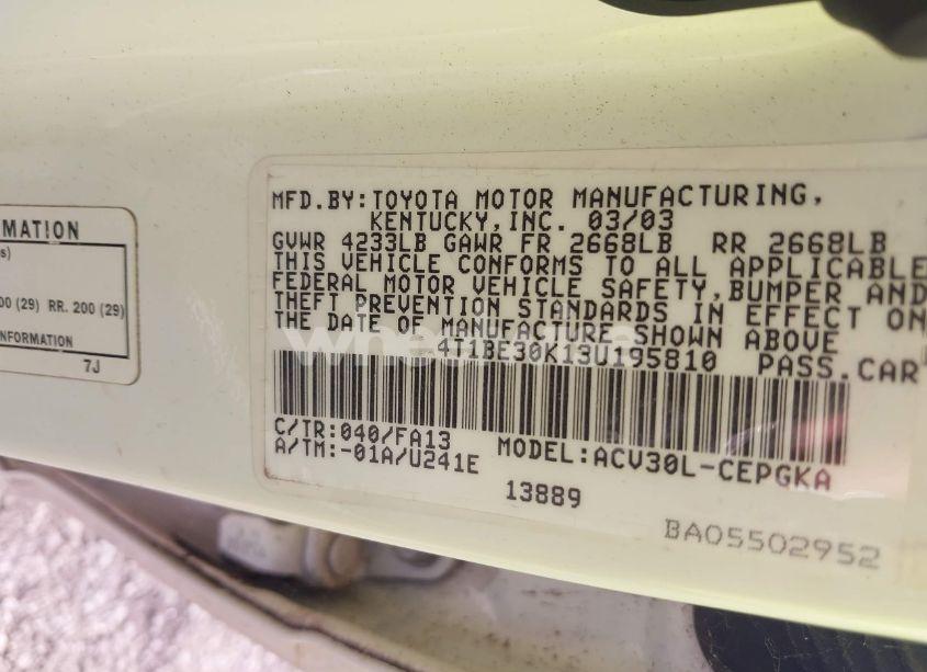 Photo 9 of 2003 Toyota Camry XLE (VIN 4T1BE30K13U195810)