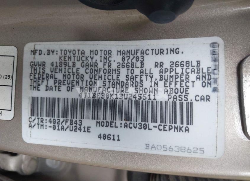 Photo 9 of 2003 Toyota Camry LE (VIN 4T1BE30K13U245511)