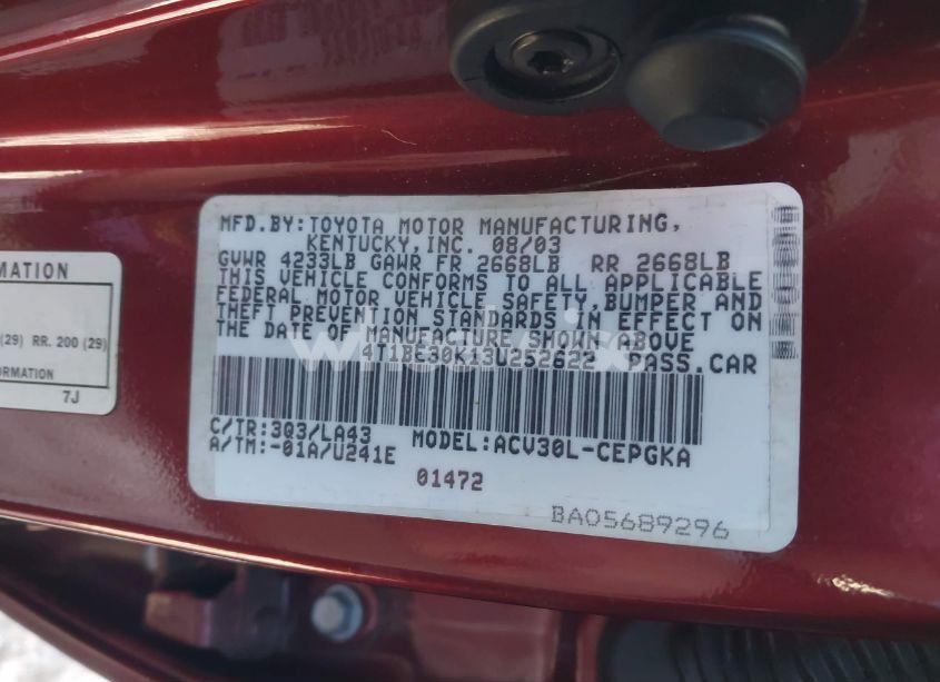 Photo 9 of 2003 Toyota Camry XLE (VIN 4T1BE30K13U252622)