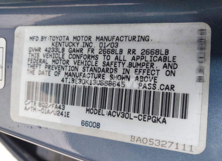 Photo 9 of 2003 Toyota Camry XLE (VIN 4T1BE30K13U688645)